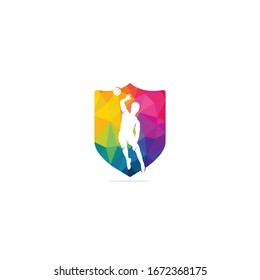 Abstract volleyball player jumping vector logo design.