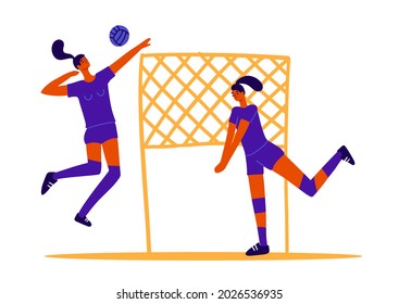 Abstract volleyball players, two girls playing volleyball, female sports games. Ball game concept. 2 women play volley with ball and net. Flat trendy vector graphics