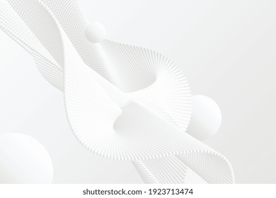 Abstract volume particles wave white background. Motion flow minimalist pinpoints rounded shape, nanotechnology. Digital array emitted particles wide backdrop. Decorative futuristic modern surface.