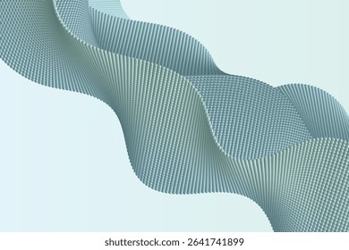 Abstract volume wave made of 3D particles flowing across a light background with soft gradients and smooth motion feel