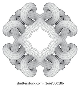 Abstract volumetric form. Connection and weaving of geometric elements. 3D digital image wireframe. Stock vector illustration.