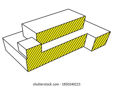 Abstrakte volumetrische geometrische Figur dünner schwarzer Linien auf weißem Hintergrund mit gelben Fragmenten. Moderne geometrische Kunst. Vektormuster