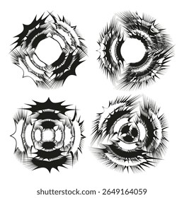 Abstract vortex icons. Dynamic swirl symbols. Energy ring Vector. Monochrome circular design.