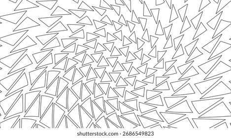 Um padrão de vórtice abstrato é criado repetindo triângulos contornados pretos contra um fundo branco nítido, formando um design monocromático dinâmico e moderno com precisão geométrica