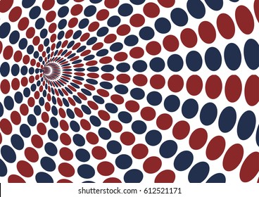 Abstract vortex with red and blue ellipse dot pattern on white background. Vector background for web banner, wallpaper, backdrop.