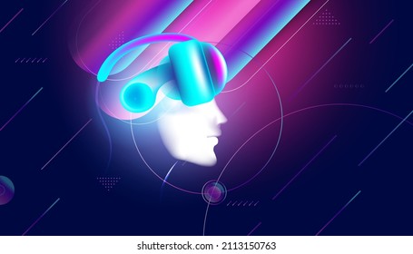 Abstract VR glasses worn on the head to enter entertainment activities, play games, watch movies, listen to music on a modern background, futuristic digital.