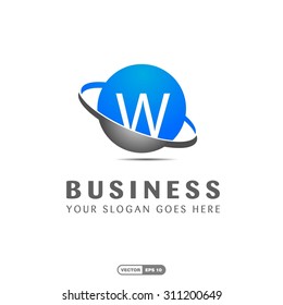 Abstract W letter vector logo icon template. Blue company logo, abstract logo, design element, creative idea. globe logo, planet logo, circle logo, swoosh logo, world logo, silver metal logo,