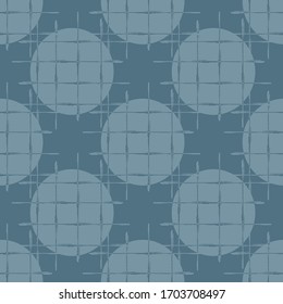 Abstract waffle textured circle vector seamless pattern background. Brush stroke grunge weave effect backdrop. Geometric monochrome blue design. Textural all over print for minimalist concept.