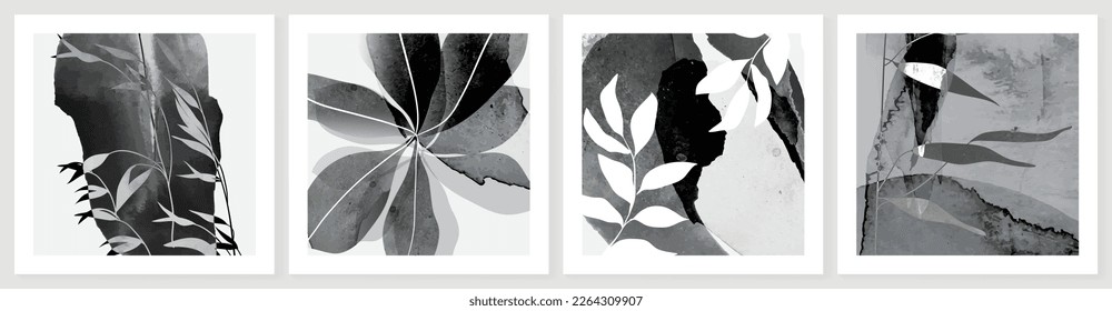 Abstract wall art background vector set. Botanical black and white watercolor leaf branch, paint brush stroke and silhouette texture. Design for home decoration, cover, poster, banner, wallpaper.