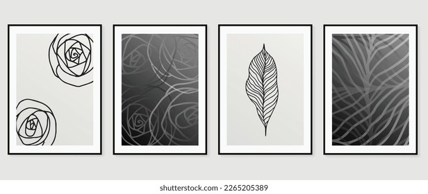 Abstract wall art background vector set. Botanical leaves drawing lines contour with black and white monochrome texture. Design illustration for home decoration, cover, poster, banner, wallpaper.
