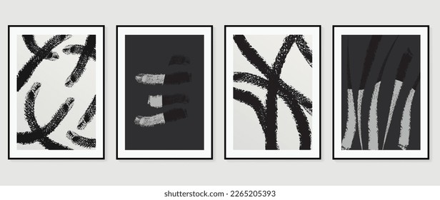 Abstract wall art background vector set. Watercolor black and white abstract organic streak shape paint brush stroke texture. Design illustration for home decoration, cover, poster, banner, wallpaper.