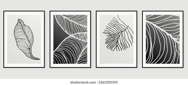 Abstract wall art background vector set. Botanical leaves drawing lines contour with black and white monochrome texture. Design illustration for home decoration, cover, poster, banner, wallpaper.