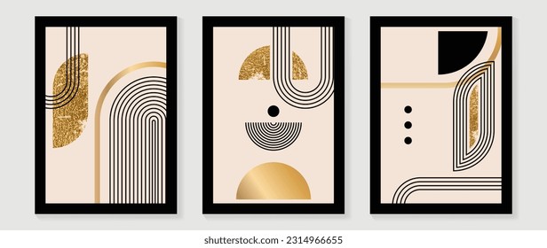 Abstract wall art background vector. Modern stripes art wallpaper with lines geometric shapes, gold, foil texture, circles. Luxury posters illustration good for home deco, interior, invite and cover.