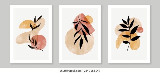 Abstract wall art background vector set . Minimalist mid century modern drawing with geometric shape and leaves. Contemporary art design for wallpaper, home decoration, cover, interior.