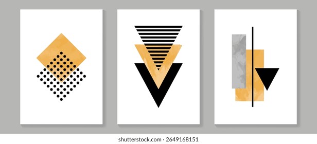 Abstract wall art background vector set . Minimalist mid century modern drawing with geometric shape watercolor texture. Contemporary art design for wallpaper, home decoration, cover, interior.