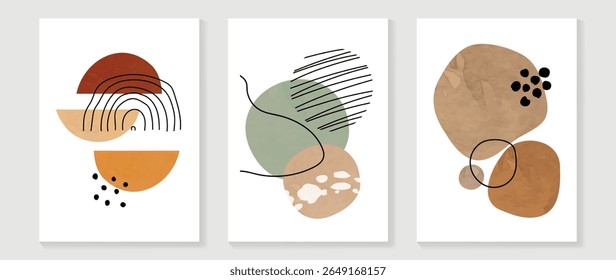 Abstract wall art background vector set . Minimalist mid century modern drawing with geometric shape watercolor texture. Contemporary art design for wallpaper, home decoration, cover, interior.