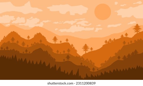 Abstract wall art. Beautiful forest and mountain scenery with warm color composition for home wall decoration. Kids nursery mountain, scandinavian mountains, kids wallpaper, Cute Illustration 