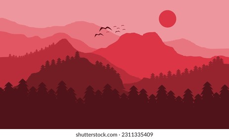 Abstract wall art. Beautiful forest and mountain landscape in flat design with red color composition. Kids nursery mountain, scandinavian mountains, kids wallpaper, Cute Illustration . SSTKabstract