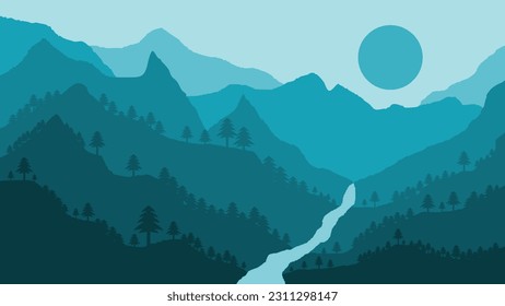 Abstract wall art. Beautiful landscape mountain view with river and trees. Kids nursery mountain, scandinavian mountains, kids wallpaper, Cute Illustration . SSTKabstract