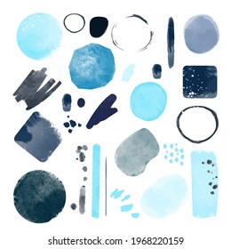 Abstract wall art, blue brush paint watercolor. Poster, business card. various shapes Doodles. Fashion trend minimalist style collection