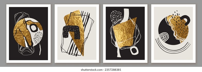 Abstract  wall art composition in beige, grey, white, black colors. Simple line style. Golden geometric shapes, circles, abstract forms, lines. Modern creative hand drawn background. Gold texture