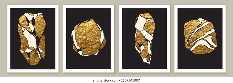 Abstract  wall art composition in beige, grey, white, black colors. Golden geometric shapes,  abstract natural forms, stones. Marble, granite. Modern creative hand drawn background. Gold texture