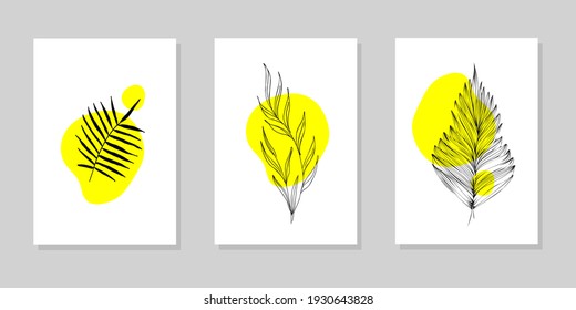 Abstract wall art gallery, set of 3 printed minimalist prints. Template for bedroom, living room and office wall decor. Hand-drawn vector elements of twigs, leaves, and geometric shapes