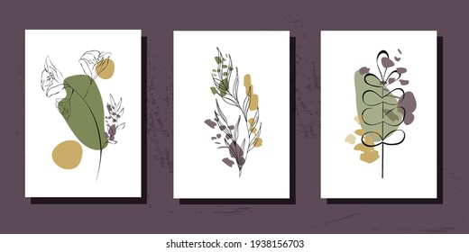 Galería de arte mural abstracta, conjunto de 3 impresiones, diseño con forma y líneas de fondo dibujadas a mano. Arte contemporáneo, collage de afiches, redes sociales, historias. Ilustración vectorial, marcos pintados a mano.