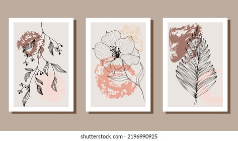 Abstract wall art gallery, set of 3 prints with twigs, design with shape and hand-drawn background lines in trendy color. Contemporary art, isolated poster. Vector illustration in a fashionable style,