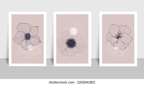 Galería de arte de paredes abstractas, conjunto de 3 impresiones florales, diseño con líneas dibujadas a mano en color de moda. Arte contemporáneo, afiche, collage, redes sociales, historias. Ilustración vectorial en un estilo de moda