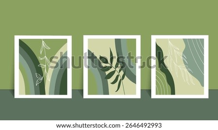 Abstract wall art gallery, set of 3 floral print, design with hand-drawn lines in trendy olive colors. Contemporary art, poster, collage, social networks, stories. Vector illustration 