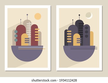 Abstract wall art with geometric shapes of urban skyscrapers. Vector illustration.