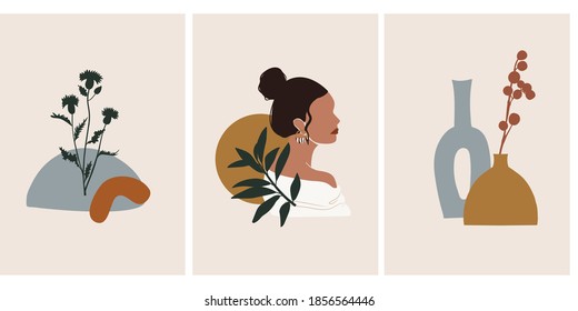 Abstract  wall art illustration set of shapes, vases, botanical elements, woman portrait for wall art, posters and cards. 