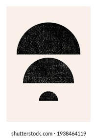 Abstract wall art. Inspired by mid century modern design contemporary vector geometric background. Minimalist poster template with simple geometric black shapes and isolated worn out texture in beige 