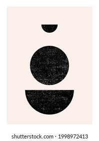 Abstract wall art. Inspired by mid century modern design contemporary vector geometric background. Minimalist poster template with simple geometric black shapes and isolated worn out texture in beige 