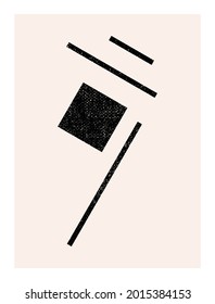 Abstract wall art. Inspired by mid century  bauhaus design contemporary vector geometric background. Minimalist poster template with simple geometric black shapes and isolated worn out texture
