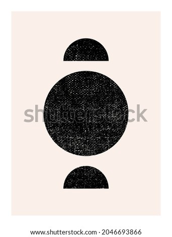 Abstract wall art. Inspired by mid century modern design contemporary vector geometric background. Minimalist poster template with simple geometric black shapes and isolated worn out texture in beige 