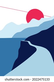 Abstract wall art landscape background with sun, mountains and ocean. Vector modern poster print cover.