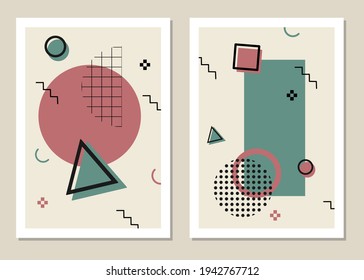 Abstract wall art in Memphis style. Vector illustration. A great decoration for walls, cards, brochures, packaging, covers.