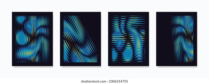 Abstrakte Wandkunst, faszinierendes blaues Farbverlauf-Wavy-Linienmuster auf dunklem Hintergrund. Die Komposition erzeugt abstrakte Illusionen, fesselnde Fantasie und verleiht jedem Raum einen Hauch von Intrige.