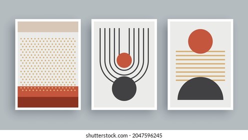 Abstract wall art painting with boho colors background. Minimalist geometric elements and hand drawn line. Mid century scandinavian nordic style.