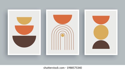 Abstract wall art painting lines and circle background. Minimalist geometric elements and hand drawn line. Mid century scandinavian nordic style.