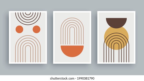 Abstract wall art painting lines and circle background. Minimalist geometric elements and hand drawn line. Mid century scandinavian nordic style.