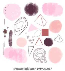 Abstract wall art pink brush paint watercolor. Poster, business card. Doodles various shapes. Fashion trend minimalist style