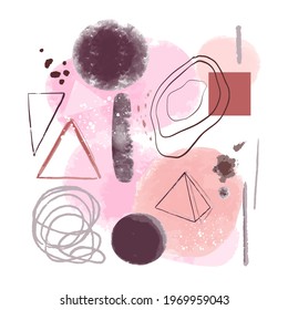 Abstract wall art pink brush paint watercolor. Poster, business card. Doodles various shapes. Fashion trend