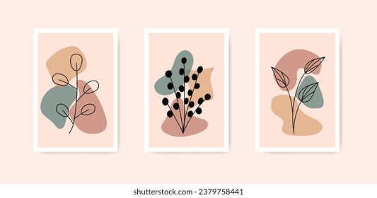 Abstract wall art poster with hand drawn doodle floral element and color spots trend set