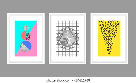 Abstract wall art poster vector set in memphis style with geometric shapes. Planets and textured triangles in white A4 frames.