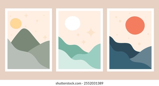Abstractas carteles de arte mural con arte de montañas de mediados de siglo. Fondos creativos de moda minimalistas en estilo moderno. Impresiones Abstractas con colinas orgánicas Formas y luna