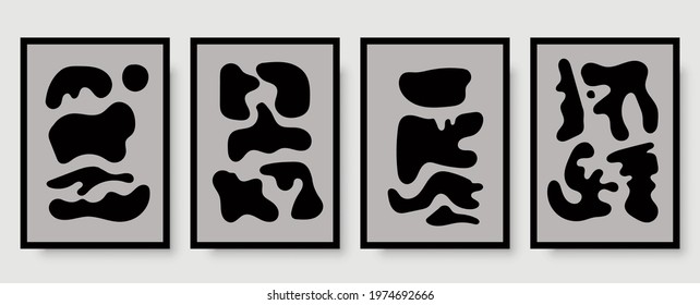 Abstract wall art, Set of 4 boho art prints, Minimal black shapes on beige, Living room wall art, Trendy wall decor. Abstract poster with black shapes for luxury bohemian interior. Hand drawn vector