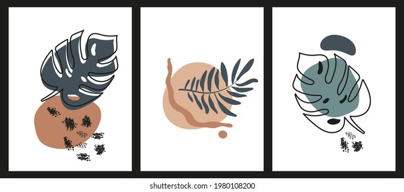 Abstract wall art set with painted vector tropical leaves and organic shapes. The elements design for poster, print, cover, wallpaper and social networks.